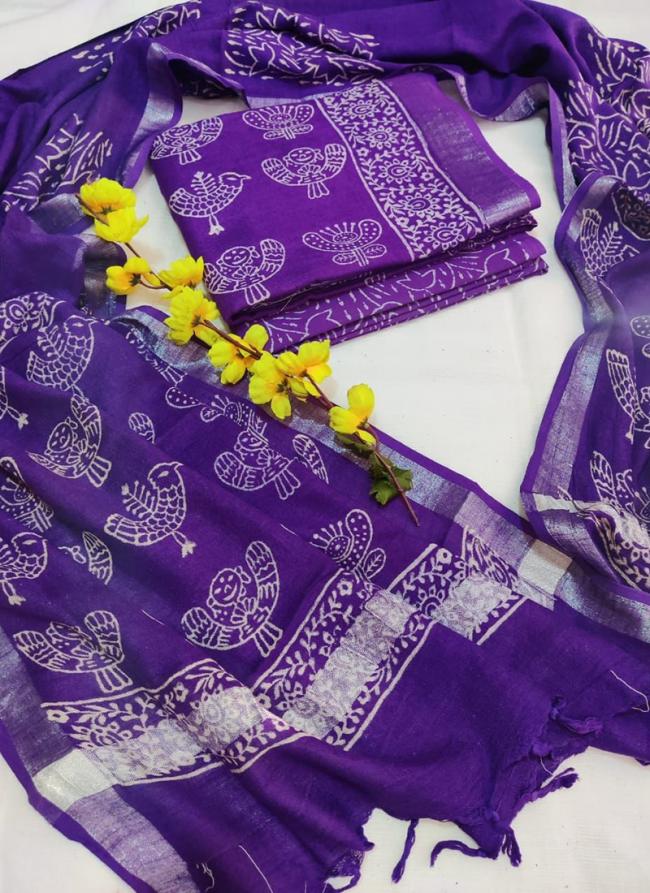 Linen Cotton Lavender Casual Wear Bagru Print Dress Material